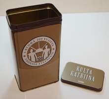 Kulta Katriina / S-Ryhmä 100 vuotta yhdessä eteenpäin -kahvipurkki  tyhjä tuotepakkaus peltiä 19x12x7 cm