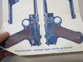 Parabellum ja Amerik. Colt - Liimaa lujalle pahville tai fanerille  - leikkaamaton arkki  30 x 35 cm, poikien leikkiaseiden värilliset painokuvat 1930-luvulta