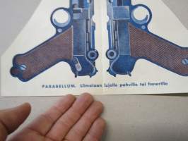 Parabellum - Liimaa lujalle pahville tai fanerille  - puolikas arkki  26 x 29 cm, poikien leikkiaseiden värillinen painokuva 1930-luvulta