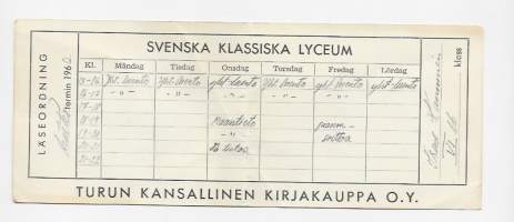 Svenska Klassiska Lyceum 1960 / Turun Kansallinen Kirjakauppa  - lukujärjestys