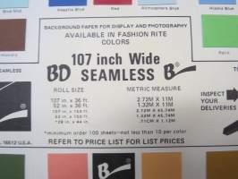 BD 107 inch Wide Seamless Background paper for Display and Photography -värikartta / esite