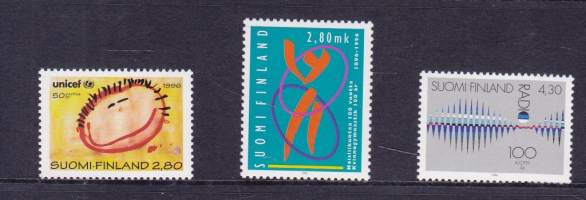 Suomi 1996 2.2. UNICEF 50-v LAPE 1326, 26.2. Naisliikunta 100-v LAPE 1327, 25.4 Radio 100-v . LAPE 1340** postituore  (LAPE 3,50€).