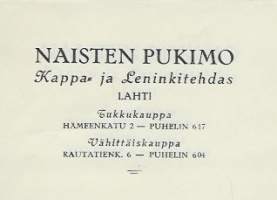 Naisten Pukimo Kappa- ja Leninkitehdas Lahti 1938 - firmalomake