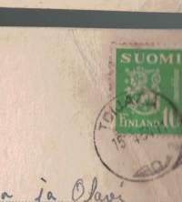Pääsiäiskortti. Äiti ihmettelee outoja värejä munissa. Kulkenut 15.5-54. Piirtäjä Elli.