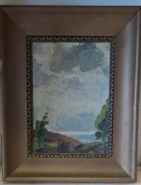 Tuntematon taiteilija, &quot;Korkea taivas&quot; ,  öljyvärimaalaus levylle  sign 1927   koko 52x42  cm  kehystetty