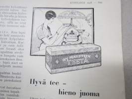 Kotiliesi 1928 nr 18, Kansikuva K. Kuutola - Vanha äiti, Suomalaisia maalaistaloja mm Untamala Laitila - Kanajärvi Kalvoila, Vastasyntyneiden kylvettäminen...