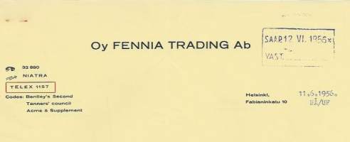 Fennia Trading Oy Helsinki 1956 - firmalomake