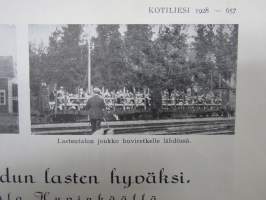 Kotiliesi 1928 nr 19, Kansikuva Martta Wendelin, Omakotikilpailu A-sarjan voittaja Arvo Muroma, Lastentalo Hyvinkää, Emäntäkoulu Kauhajoki, Savustettua utaretta, ym.