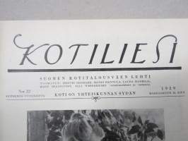 Kotiliesi 1929 nr 22, Kansikuva Ilmari Huitti - Inkeri, Asumistason kohoaminen kaupungeissa, Kahvimyssynäyttely, Kotijuustoista (ja juustomuoteista), Turkistavarat