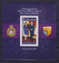 Gibraltar 2010 blokki/pienoisarkki 2£  -  Prinssi Williamin ja Catherine Middletonin kihlautuminen. ** postituore