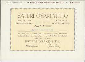 Säteri Oy 200 000 mk  osakekirja, Valkeakoski 1951