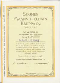 Suomen Maanviljelijäin Kauppa Oy  10 000mk  osakekirja, Tampere 1945
