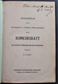 Anteckningar enligt professor R. A. Wredes föreläsningar öfver konkursrätt med tillstånd af föreläsaren