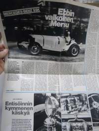 Mercedes Benz SSK 1929  - juliste 55 x 80 cm taiteltu A4 kokoon, K.A. Ebb valkoinen kisa-auto, entisöinti