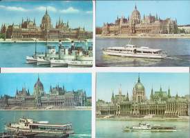 Budapest Parlament ja laivat 4 kpl erä -  paikkakuntapostikortti laivapostikortti  postikortti laivakortti kulkematon