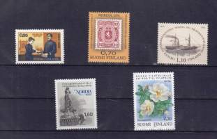 Suomi postimerkkinäyttelymerkit 1966, 1975, 1981 ja 1985 + extramerkki Järjestäytynyt filatelia 100 v.  postituoreena **