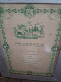 Paimion maalaisseuran myöntämä diplomi v. 1914 vanhoissa kehyksissä