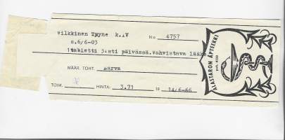 Alastaron  Apteekki   , resepti  signatuuri   1966