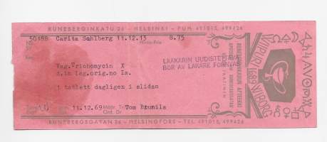 Runeberginkadun  Apteekki Helsinki Sven Jaatinen resepti  signatuuri  1969