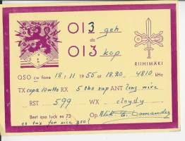SRH/ Viestirykmentti  Riihimäki  DX-yhteyskortti,  radioamatöörikortti  radioamatööriyhteyskortti     1955