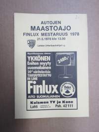 Autojen Maastoajo Finlux Mestaruus 1978 21.5.1978 -rallikisa / ratakisa / moottoriurheilukilpailu, käsiohjelma / lähtöluettelo