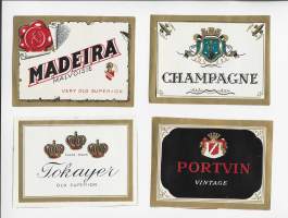 Champagne, Madeira, Portvin ja Tokayer - viinietiketti,  viinaetiketti kivipaino 4 eril