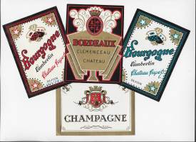 Champagne, Bordeaux ja Bourbogne - viinietiketti,  viinaetiketti kivipaino 4 eril