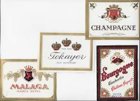 Champagne,  Bourbogne,Malaga ja Tokayer - viinietiketti,  viinaetiketti kivipaino 4 eril