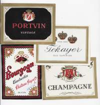 Champagne,  Bourbogne,Portvin ja Tokayer - viinietiketti,  viinaetiketti kivipaino 4 eril