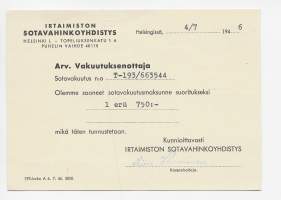 Irtaimiston Sotavahinkoyhdistys  -  virkapostikortti kulkenut 1946