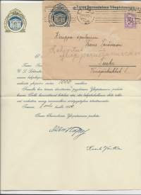 Lahjoitus Turun Suomalaiselle Yliopistoseuralle 1000 mk 1920  allekirjoitus Aleksi Käpy ja Kaarlo Jäntere  lahjakirja ja kuori