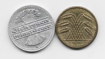 Saksa 10 Rentenpfenning 1923 ja 50  pfenning 1920  - ulkomainen kolikko 2 kpl erä
