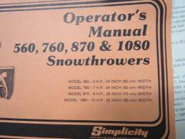 Simplicity 560, 760, 870, 1080 Snow Thrower Operator´s manual + Tecumseh HS40 &amp; HS50 Snow King Snow Blower Engine operating Instructions -lumilinko käyttöohjekirja