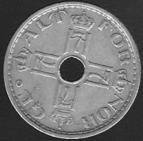 Norja  1 krone 1940, 50 öre 1927, 10 öre 1924,1925,1937 - 5 kpl kolikko CuNi 25mm/22mm/15mm
