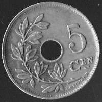 Belgia  10 centimes 1920 ja  5 centimes 1925 - 2 kpl kolikko CuNi 22mm/19mm. 5 centin kolikossa korkea kakkonen!
