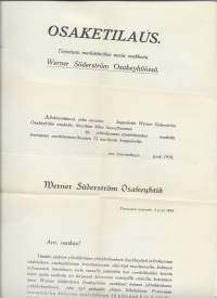 WSOY Werner Söderström Oy Porvoo  - osakeanti 1918  materiaalia