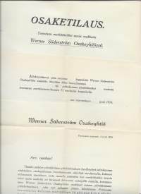 WSOY Werner Söderström Oy Porvoo  - osakeanti 1918  materiaalia