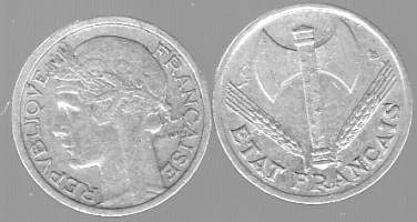 Ranska - 50 centimes 1943 ja 1944 kolikko.