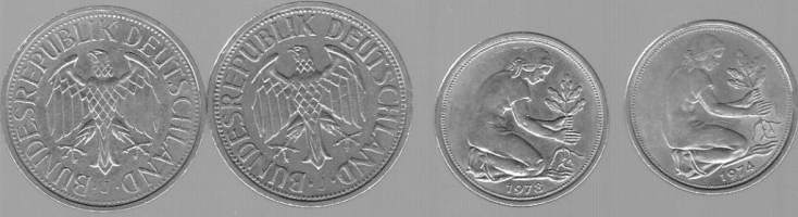 Saksa BRD - 4 kolikkoa - 1 mk 1961 ja 1979, 50 pfennig 1974, 1978.