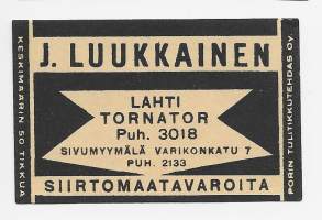 J Luukkainen Lahti  -  tulitikkuetiketti