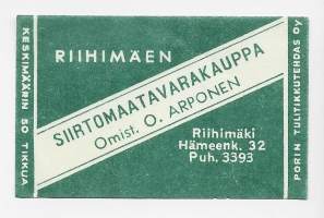 Riihimäen Siirtomaakauppa  -  tulitikkuetiketti