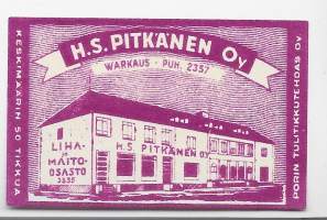 H S Pitkänen Warkaus  -  tulitikkuetiketti