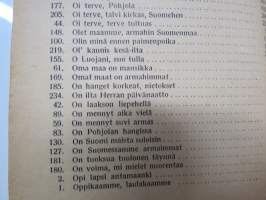 Valistuksen laulukirja, nuottipainos, sisältää nuottioppi-osuuden alussa, kaikki laulujen nimet näkyvät kuvissa