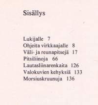 Virkkausmalleja, 1979. 5.p. 75 kirjoittajan suunnittelemaa pitsimallia ja yksityiskohtaiset ohjeet niihin.