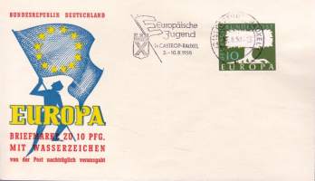 FDC Saksa - Europa Briefmarke, 10.08.1958. 10 Pf. Europäische Jugend in Castrop-Rauxel -näyttelyleima