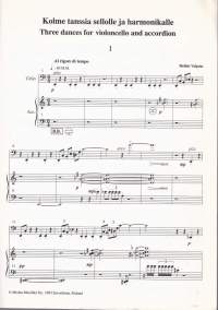 Sellonuotit - Kolme tanssia for Cello and Accordion, 1988. Piano ja harmonikka.  Erilliset sellonuotit mukana. Katso sisältö kuvista. M27