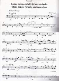 Sellonuotit - Kolme tanssia for Cello and Accordion, 1988. Piano ja harmonikka.  Erilliset sellonuotit mukana. Katso sisältö kuvista. M27
