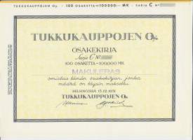 Tukkukauppojen  Oy    ,   100 =100 000 mk  osakekirja, Helsinki 15.12.1951