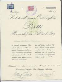 Kotiteollisuus Oy Pirtti  osakekirja, Helsinki 31.3.1939 nimikirjoitus Björn Hagert ja Ellinor Ivalo