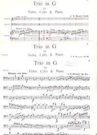 Sello-piano-viulunuotit - Hummel -Trio Opus 35 in G, 1981. Erilliset nuotit viululle ja sellolle. Katso sisältö kuvista.